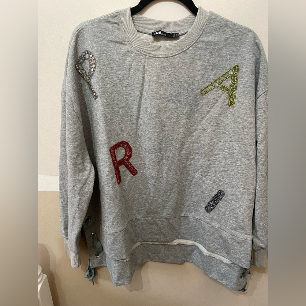 INA over-Sized Long Sleeve Sweater with Sequins letters PARIS